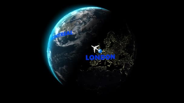 从伦敦飞往蒙特利尔阿尔法频道3D渲染 — 图库视频影像