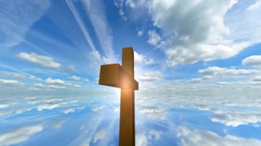 Günbatımında gökyüzünün tam dönüşüyle İsa 'nın Haçı. 3D Yapılandırma, inanç, din, umut