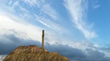 Gün batımında İsa 'nın haçı kayanın üzerinde, umut, din, inanç. 3B Hazırlama