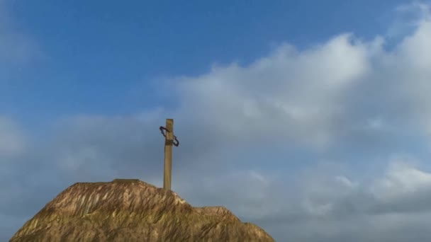Croix Christ Avec Une Couronne Épines Sur Rocher Coucher Soleil — Video