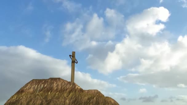 Croix Christ Avec Une Couronne Épines Sur Rocher Coucher Soleil — Video