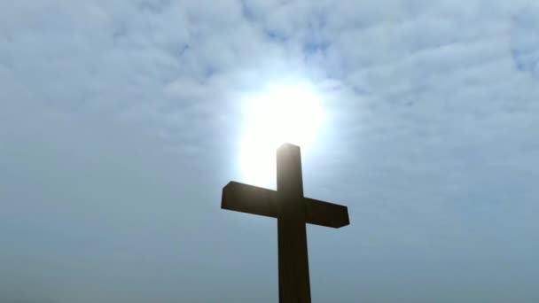 背景効果と日没のキリストの十字架 3Dレンダリング — ストック動画