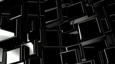 Kaotik döndürmedeki siyah geometrik şekiller, şekiller, soyut tasarım, arkaplan, üç boyutlu oluşturma