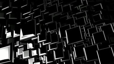 Kaotik döndürmedeki siyah geometrik şekiller, 3D oluşturma, soyut tasarım, şekiller, arkaplan