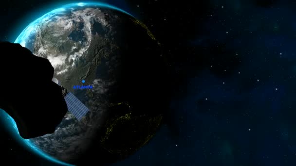 Обзор Местоположения Атланты Земли Спутников Звезд Метеоритов Интро Render — стоковое видео