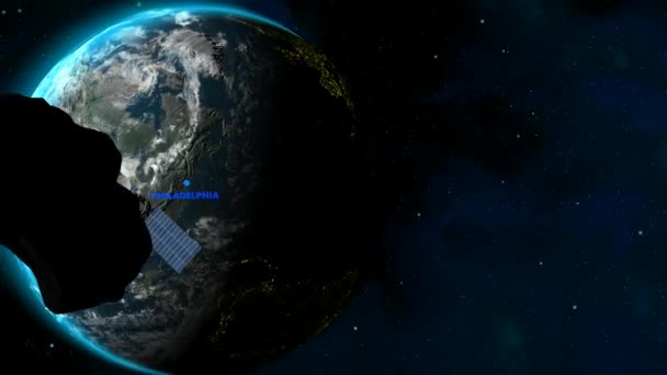 Achtergrond Met Philadelphia Locatie Aarde Satelliet Sterren Meteorieten Intro Render — Stockvideo