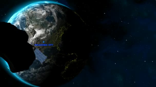 Тло Розташуванням Оклахома Сіті Землею Супутником Зірками Метеоритами Intro Render — стокове відео