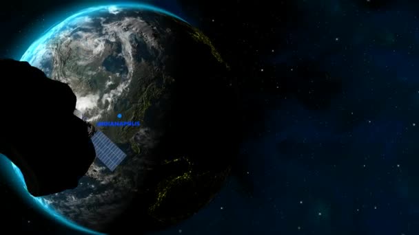 Achtergrond Met Indianapolis Locatie Aarde Satelliet Sterren Meteorieten Intro Render — Stockvideo