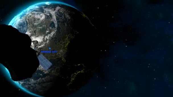 Tło Kansas City Lokalizacji Ziemia Satelita Gwiazdy Meteoryty Wstęp Renderowanie — Wideo stockowe