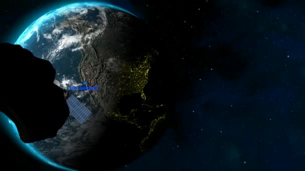 Hintergrund Mit Standort Los Angeles Erde Satellit Sternen Meteoriten Intro — Stockvideo