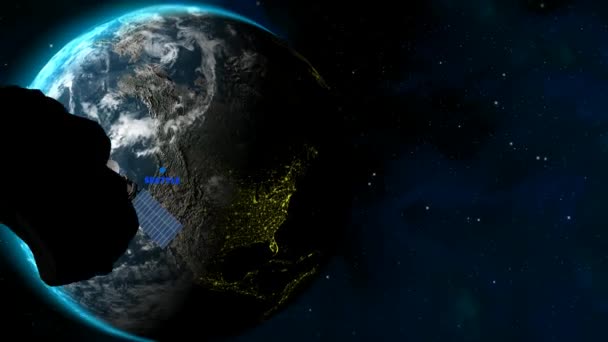 Обзор Местоположения Сиэтла Земли Спутников Звезд Метеоритов Интро Render — стоковое видео