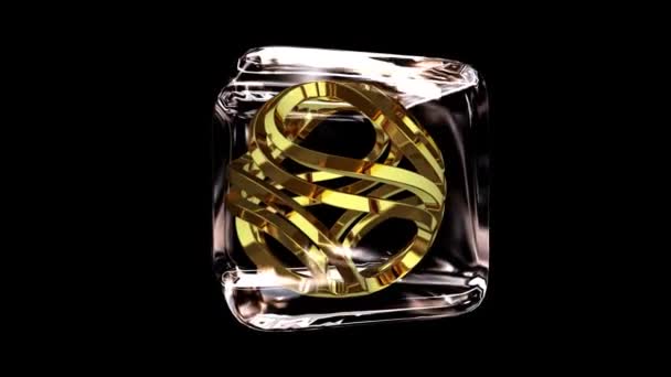 Złoty Kształt Szklany Sześcian Pełnym Obrocie Luksusowy Styl Alpha Channel — Wideo stockowe