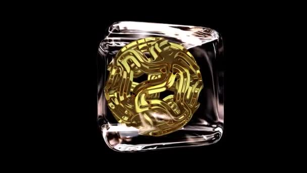Forma Dourada Cubo Vidro Rotação Completa Alpha Channel Estilo Luxo — Vídeo de Stock