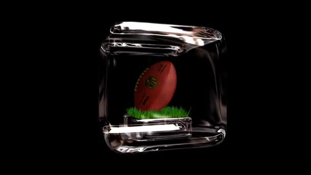 American Football Ball Und Glaswürfel Voller Rotation Alpha Channel Looping — Stockvideo