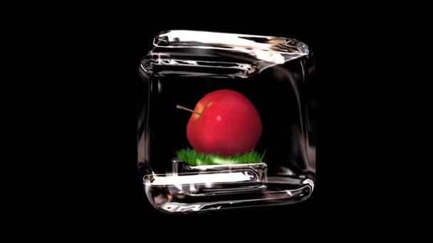 Roter Apfel Und Glaswürfel Voller Rotation Alpha Channel Looping Render — Stockvideo