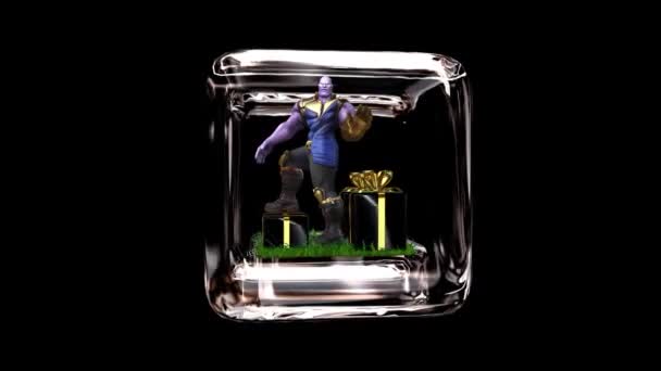 Kinderglaswürfel Mit Schwarzen Geschenken Und Thanos Voller Rotation Alpha Channel — Stockvideo