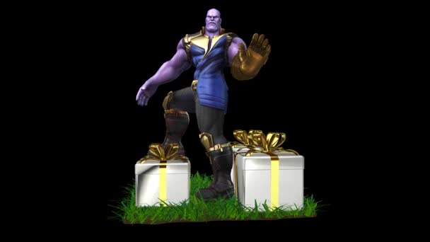 Animación Thanos Con Regalos Plata Rotación Completa Alpha Channel Looped — Vídeos de Stock