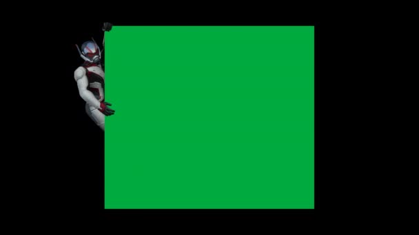 Ant Man Aferra Una Pantalla Verde Publicitaria Alpha Channel Render — Vídeo de stock