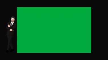 İşadamı dikdörtgen bir reklam yeşil ekranına işaret ediyor, Alpha Channel, 3D Render