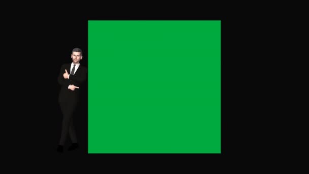 Biznesmen Wskazuje Kwadratowy Zielony Ekran Reklamowy Alpha Channel Render — Wideo stockowe