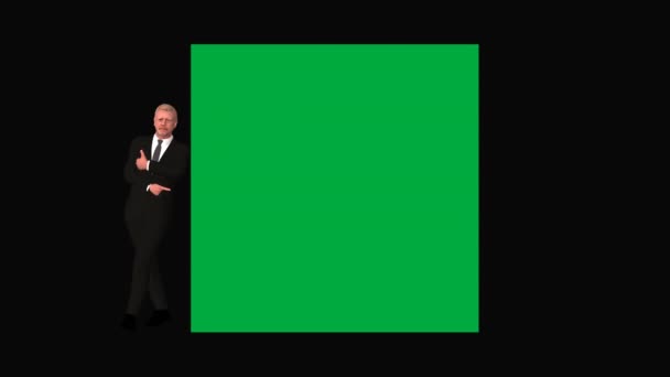 Adult Businessman Вказує Квадратний Рекламний Зелений Екран Alpha Channel Render — стокове відео