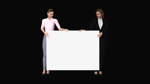 Dos Mujeres Negocios Están Sosteniendo Tablero Blanco Alpha Channel Looped — Vídeos de Stock