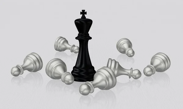 Черный Король Шахмат Побежденные Белые Пешки Белый Фон Уникальный Дизайн — стоковое фото