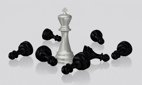 Silver Chess King Και Νικημένα Μαύρα Πιόνια Λευκό Φόντο Μοναδικό — Φωτογραφία Αρχείου