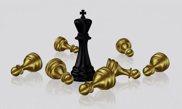 Black Chess King Defeated Golden Pawns White Background Unique Design — Stock Photo, Image
