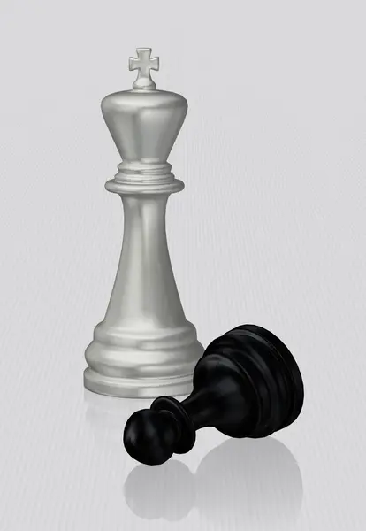 Срібний Шаховий Король Переможений Чорний Пішак Білий Фон Унікальний Дизайн — стокове фото