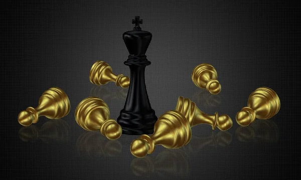 Czarny Król Szachów Pokonane Złote Pionki Ciemne Tło Unikalny Design — Zdjęcie stockowe