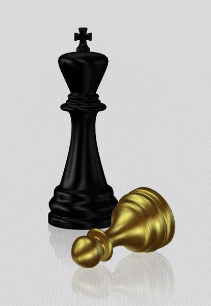 Черный Шахматный Король Побежденный Золотой Паун Белый Фон Уникальный Дизайн — стоковое фото