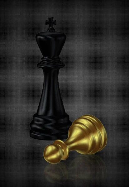 Černý Šachový Král Poražený Zlatý Pěšák Tmavé Pozadí Jedinečný Design — Stock fotografie