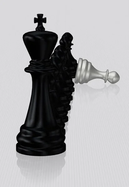 Černý Šachový Král Pěšáci Poraženým Bílým Pěšcem Bílé Pozadí Unikátní — Stock fotografie