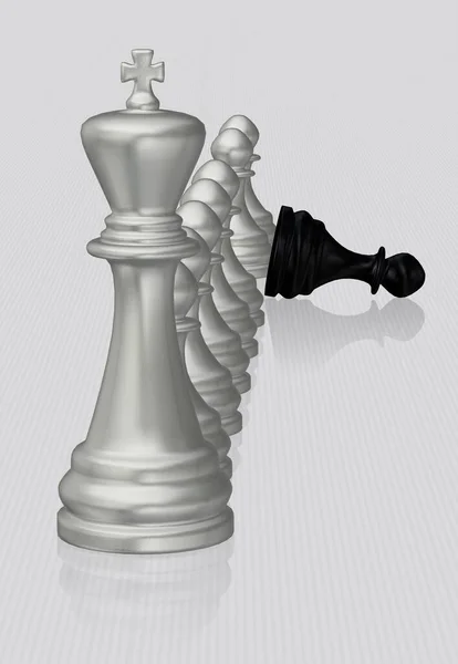 Stříbrný Šachový Král Pěšáci Poraženým Černým Pěšcem Bílé Pozadí Unikátní — Stock fotografie