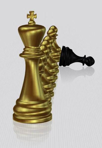 Zlatý Šachový Král Pěšáci Poraženým Černým Pěšcem Bílé Pozadí Jedinečný — Stock fotografie