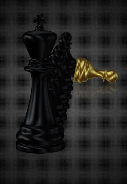 Černý Šachový Král Pěšáci Poraženým Zlatým Pěšcem Tmavé Pozadí Jedinečný — Stock fotografie