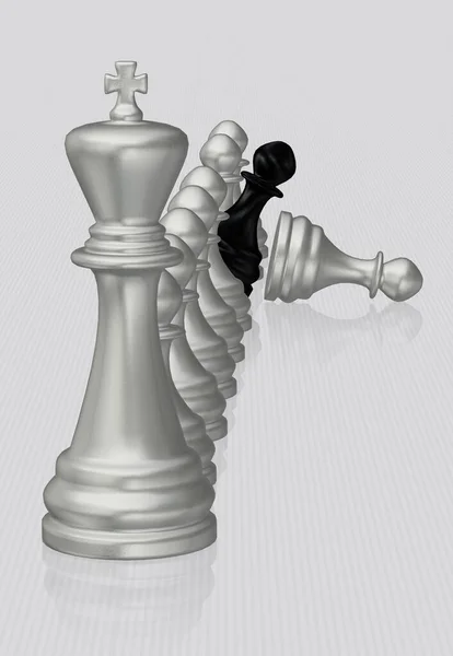 Silver Chess King Και Πιόνια Μαύρο Πιόνι Λευκό Φόντο Μοναδικό — Φωτογραφία Αρχείου