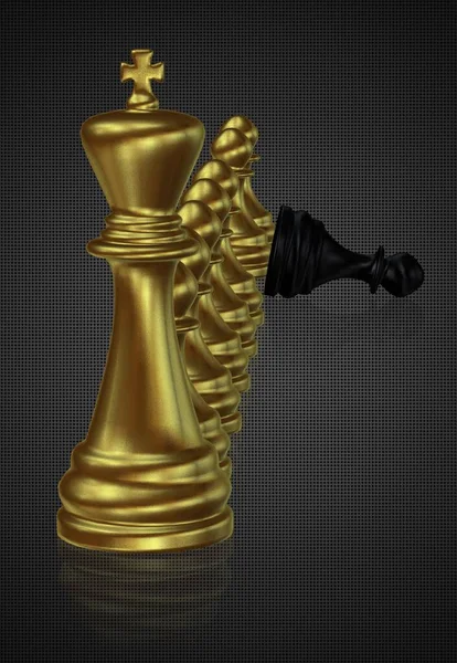 Golden Chess King Και Πιόνια Νικημένο Μαύρο Πιόνι Σκούρο Φόντο — Φωτογραφία Αρχείου
