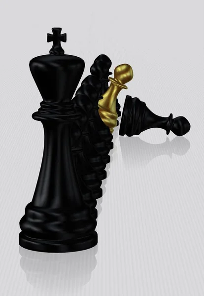 Black Chess King Και Πιόνια Χρυσό Πιόνι Λευκό Φόντο Μοναδικό — Φωτογραφία Αρχείου