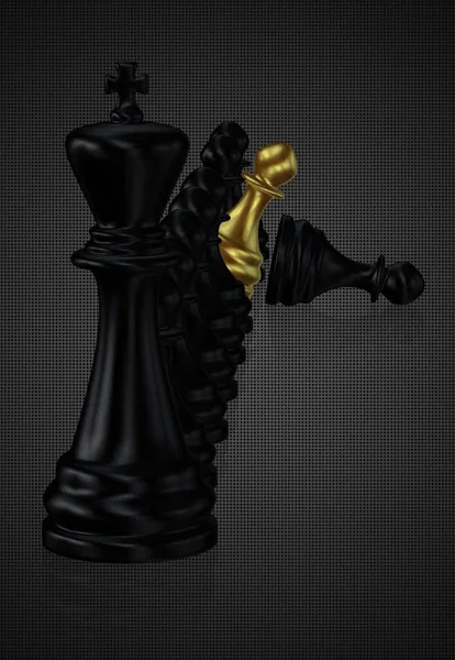 Černý Šachový Král Pěšáci Zlatým Pěšcem Tmavé Pozadí Jedinečný Design — Stock fotografie