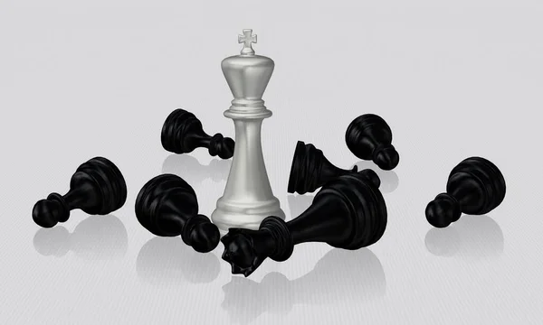 Silver Chess King Και Νίκησε Μαύρη Βασίλισσα Πιόνια Λευκό Φόντο — Φωτογραφία Αρχείου