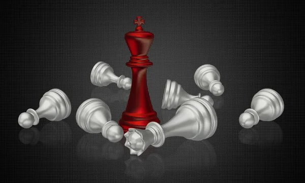 Red Chess King Och Besegrad Silverdrottning Med Pjäser Mörk Bakgrund — Stockfoto