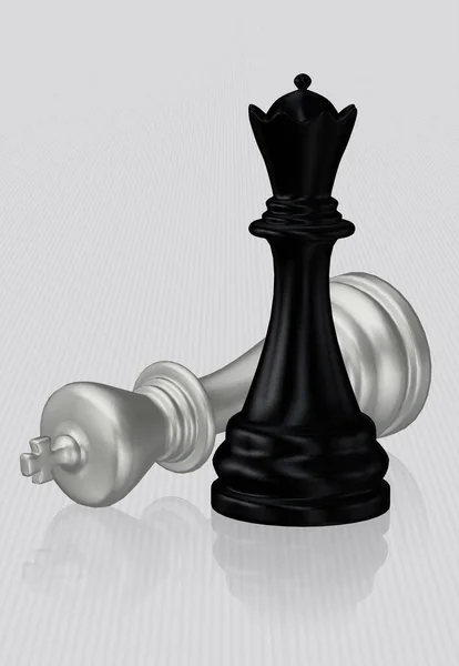 Черная Шахматная Королева Побежденный Белый Король Белый Фон Уникальный Дизайн — стоковое фото