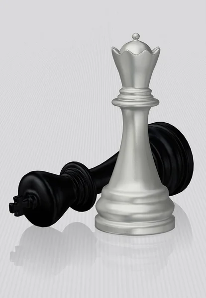 Ezüst Sakk Királynő Legyőzött Fekete Király Fehér Háttér Egyedi Design — Stock Fotó