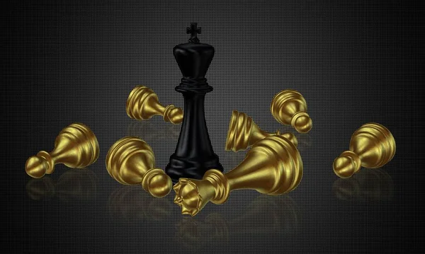 Czarny Król Szachów Pokonana Złota Królowa Pionkami Ciemne Tło Unikalny — Zdjęcie stockowe