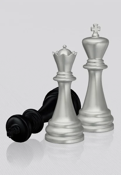 Zilveren Schaken Koning Koningin Met Verslagen Zwarte Koning Witte Achtergrond — Stockfoto