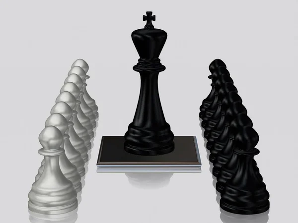 Černý Šachový Král Figurkami Proti Stříbrným Pěšákům Bílé Pozadí Jedinečný — Stock fotografie