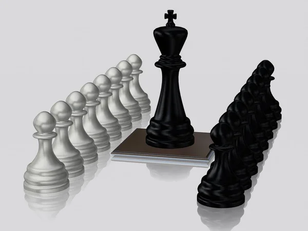 Black Chess King Πιόνια Κατά Των Ασημένιων Πιονιών Λευκό Φόντο — Φωτογραφία Αρχείου