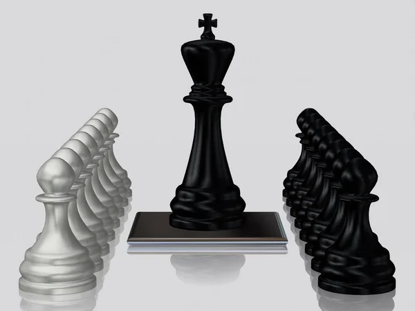 Gümüş Piyonlara Karşı Siyah Satranç Kralı Eşsiz Tasarım Beyaz Arkaplan — Stok fotoğraf